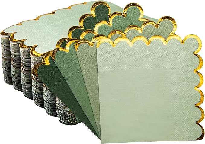 100 Pcs Green Cocktail Napkins with Gold Foil Scalloped Edges 5 x 5 Inch Dessert Napkins Disposable Thick Paper for Wedding Dinner Birthday Party