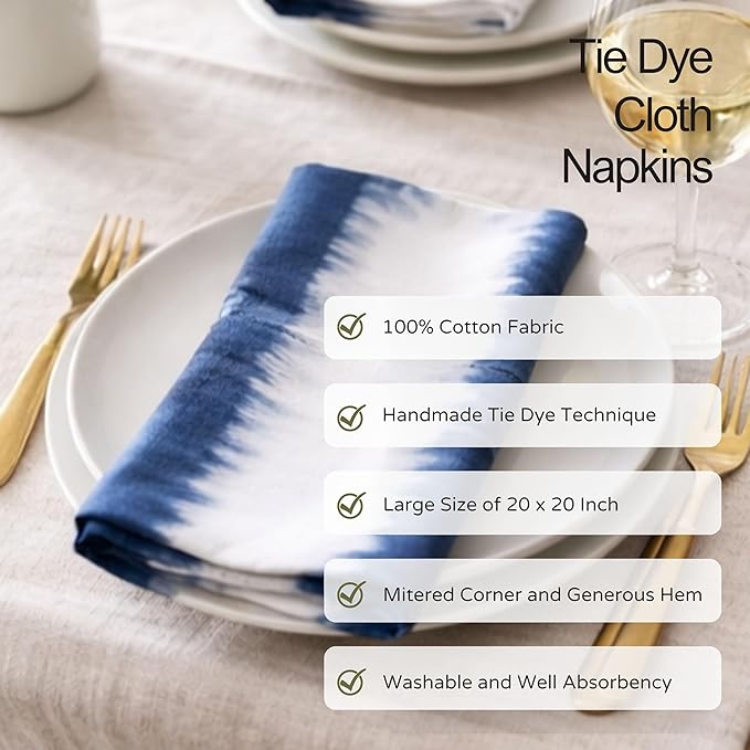 FINGERCRAFT Cloth Napkins Set of 6 Cotton Blend Tie Dye 20x20 Inch Large Size Dinner Napkins Cloth Perfect for Parties Dinners Weddings Cocktail Christmas Easter Royal Blue Ikat