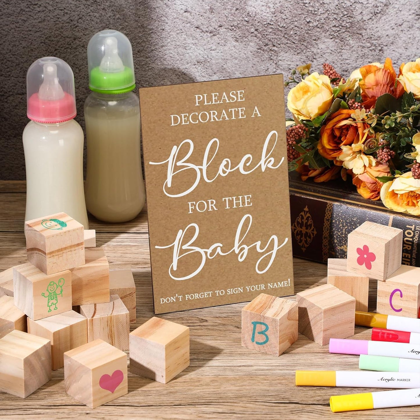 Tatuo 75 Pcs Baby Shower Games Sign Kit Including Decorate a Block Game Sign 50 DIY Wooden Block 24 Acrylic Paint Marker Baby Shower Prize for Gender Reveal Party(Kraft)
