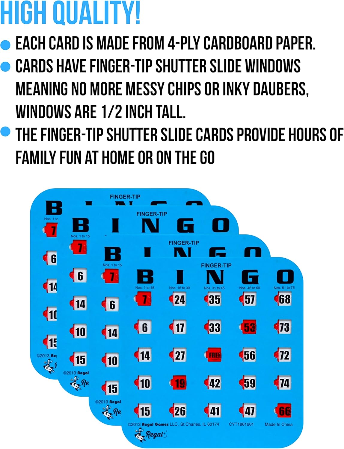 Regal Bingo Bulk Bingo Cards with Sliding Windows - Reusable Large Print Bingo Game Cards for Adults Large Group - 200 Pack, Blue