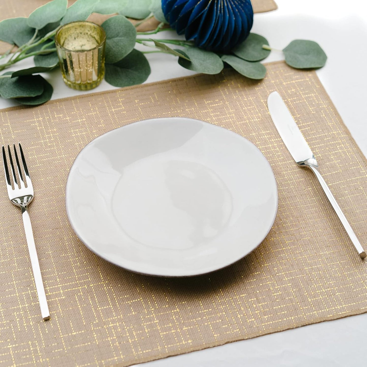 PapaKit Faux Burlap Glitzing Dinning Table Placemats (Set of 6) for Holidays, Wedding Decoration, Parties and Special Events Natural with Metallic Gold Stripes