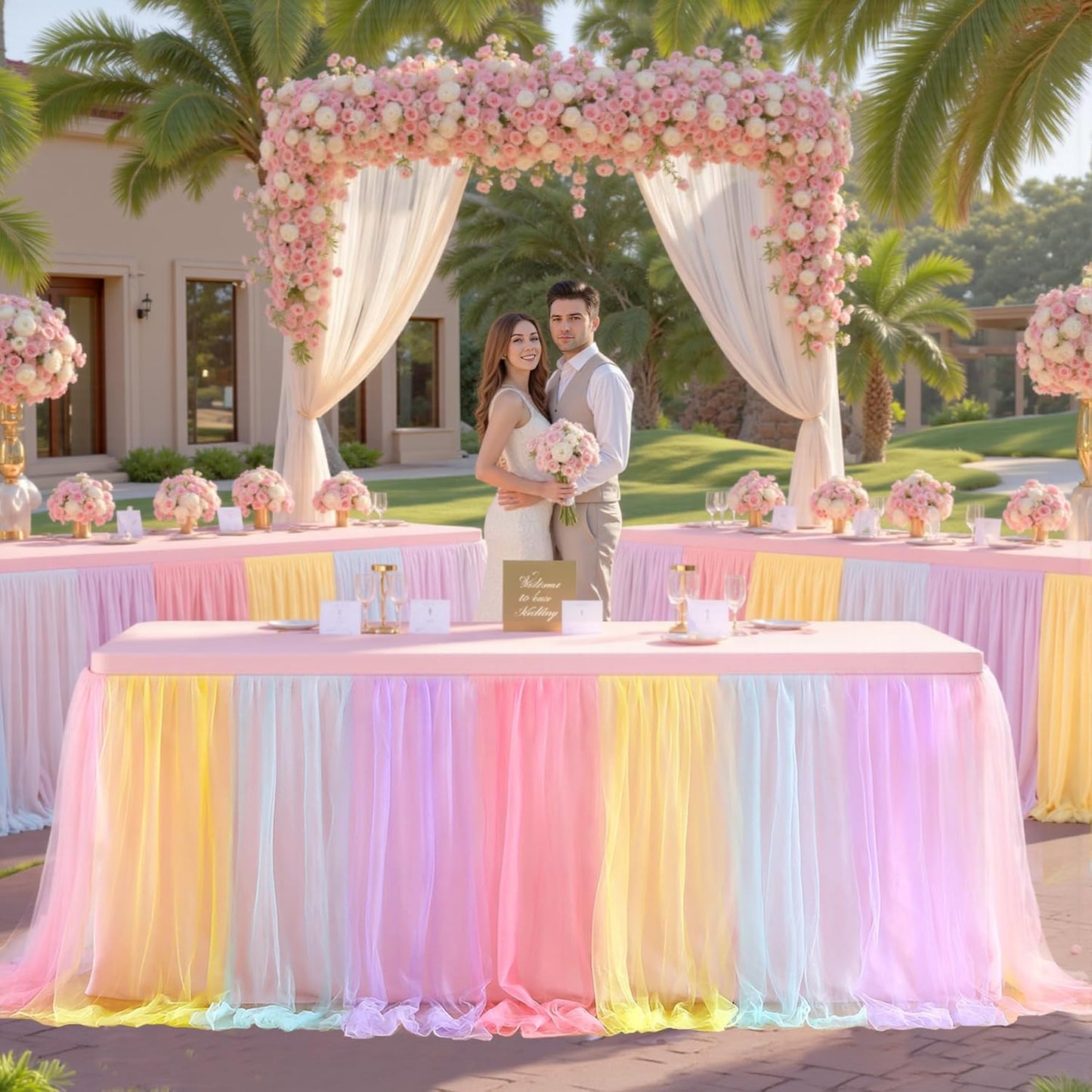 2 Pack 6ft Rainbow Tulle Tablecloths for Rectangle Tables 6 Foot Rainbow Rectangular Table Cloth Wrinkle Free Tablecover with Tutu Skirt for Baby Shower Girls Birthday Party Banquet Buffet Cake