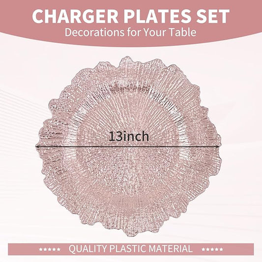 50 Pcs Rose Gold Charger Plates Bulk 13 Inch Plastic Charger Plates for Dinner Plate, Rose Gold Chargers for Table Setting, Reef Design Plate Floral Decorative Round Chargers for Wedding Party, Event