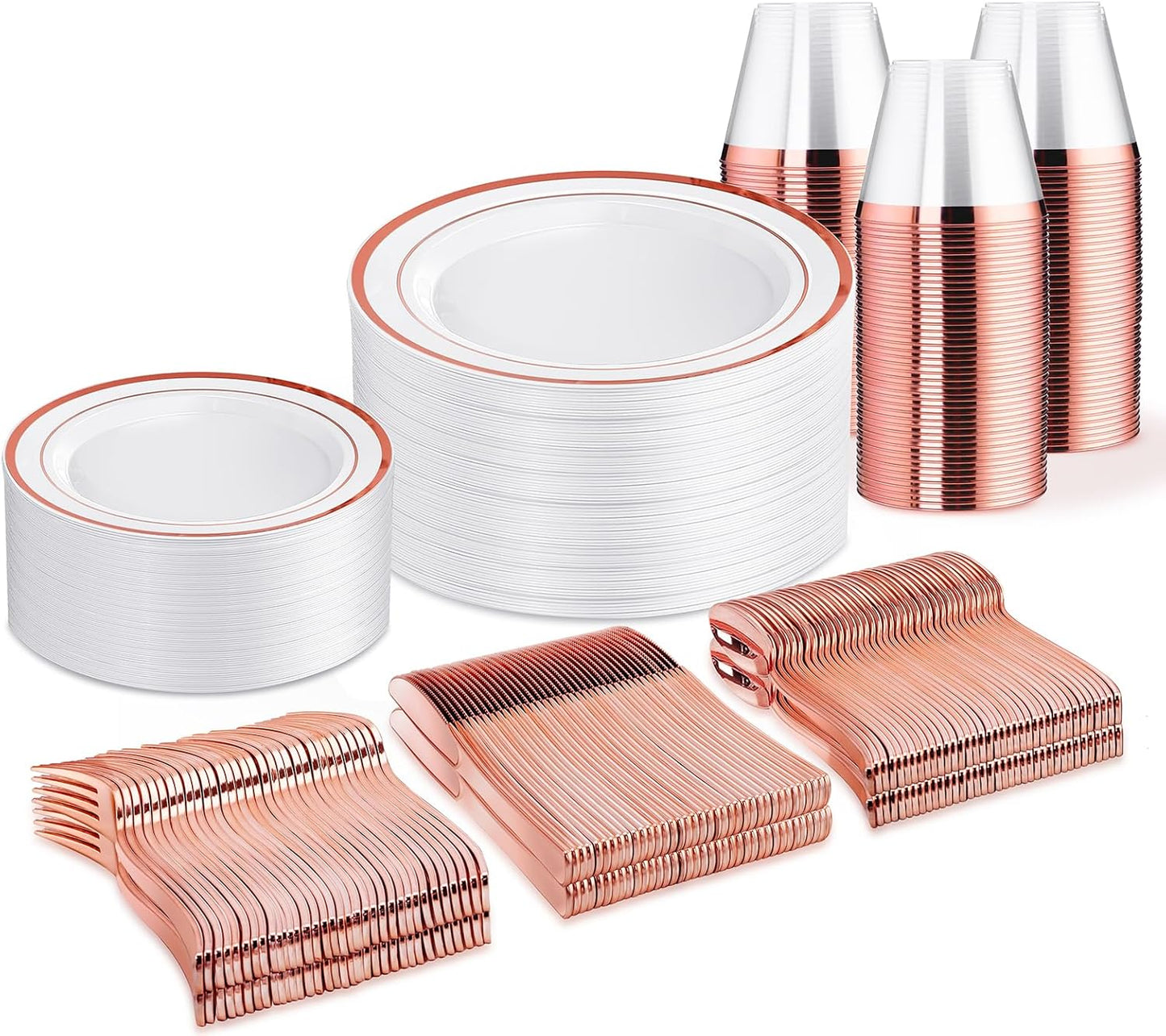 WELLIFE 300 PCS Rose Gold Dinnerware Set for 50 Guests, Valentine's Day Plate, 50 Dinner & Salad Plates,Cups, Forks Knives Spoons for Wedding Reception and Mothers Day Plates