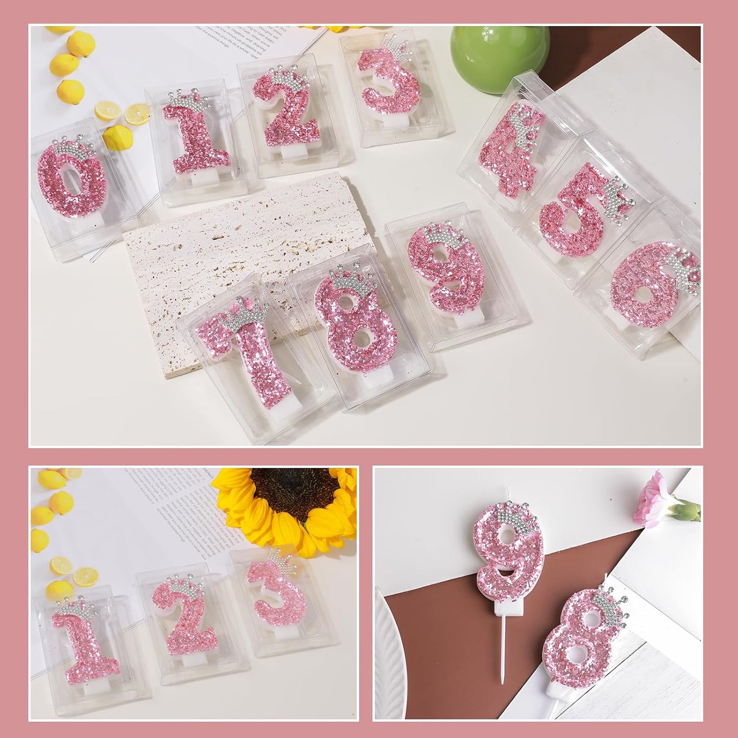 Birthday Number Candles,Pink Crown Birthday Candles for Cake,Glitter Number 3 Candle Cake Topper with Sequins for Girls,Women, Anniversary Celebrations Supplies (Pink 3)