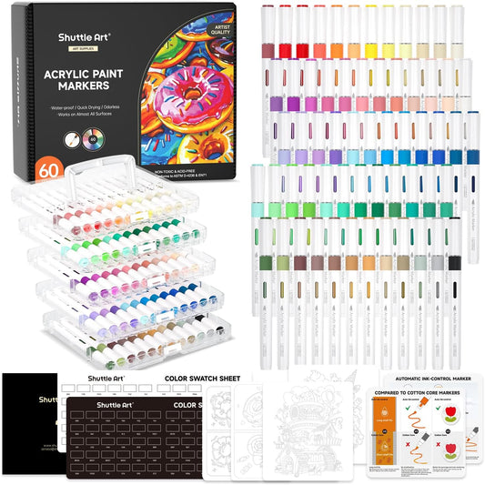 Shuttle Art Automatic Ink Control Acrylic Paint Markers, 60 Colors Brush Tip Acrylic Paint Pens for Rock Painting, Ceramic, Wood, Canvas, Glass, Stone, Fabric, Card Making, DIY & Art Supplies