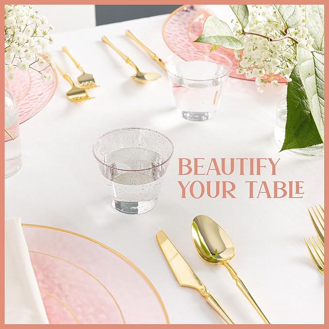 PLASTICPRO 9 oz Disposable Plastic Party Cups,Old fashioned Designed Tumblers, Rose Gold Glitter 100 Count,