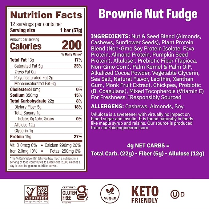 Munk Pack Brownie Nut Fudge Keto Protein Bars Stocking Stuffers | 15g Protein, 1g Sugar, 4g Net Carbs | Vegan, Plant-Based Snacks for Gut Health | 12 Count