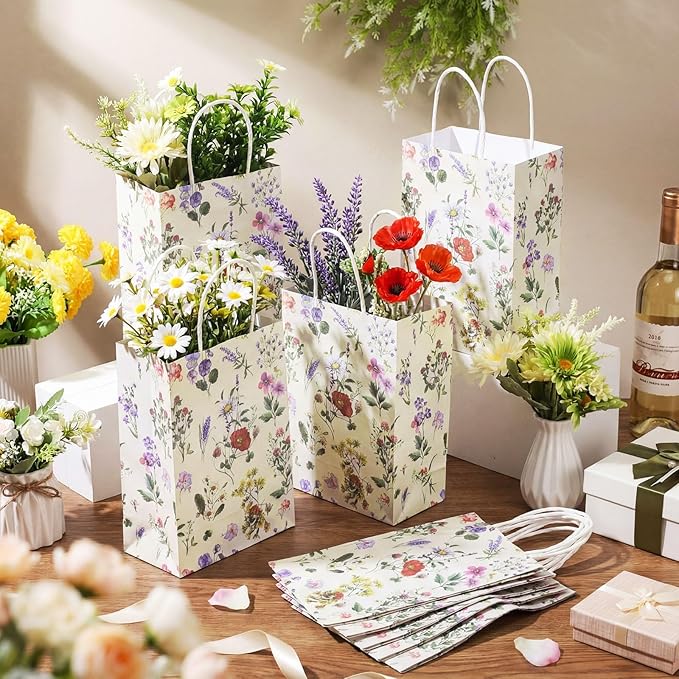 Marspark 24 Pcs Vintage Wildflower Paper Gift Bags for Wedding Bridal Baby Shower Engagement Birthday Party Supplies Floral Treat Bag with Handles Candy Goodie Bags for Guests, 8.3'' x 5.9'' x 3.1''