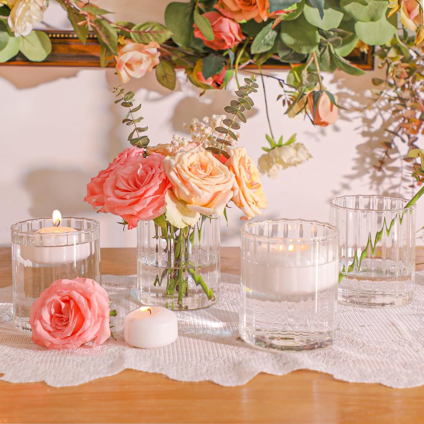 ComSaf 6pcs Mini Glass Cylinder Vases 3.9 Inch Tall, Small Vase for Flowers, Short Ribbed Vases for Centerpieces, Clear Hurricane Glass Candle Holders for Table Party Home Decor