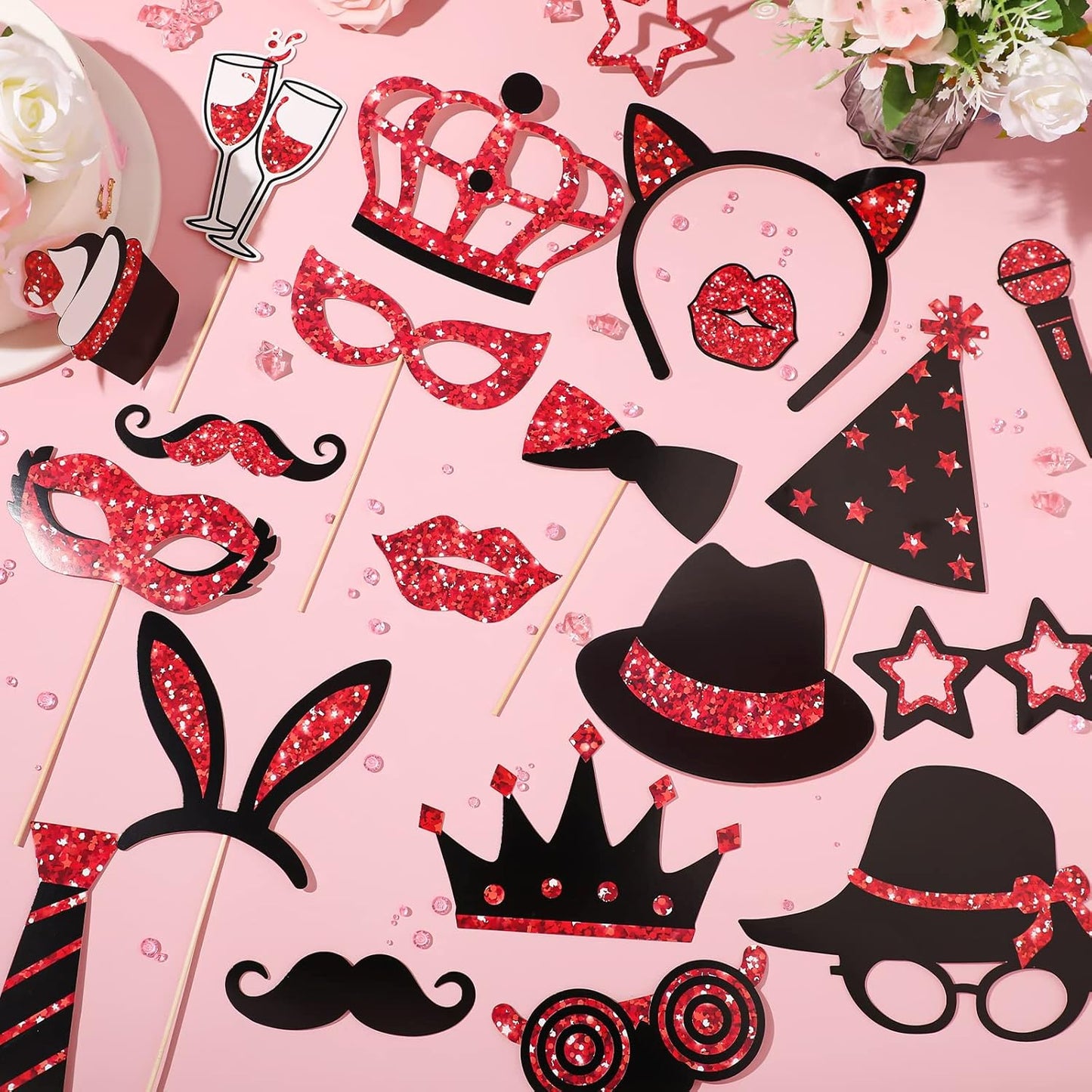 Zonon 24 Pieces Funny Photo Booth Props:Halloween,Christmas,Family Reunion, Class Reunion, Birthday, Weddings, Prom Disco Mardi Gras Party Supplies - Mix of Hats, Lipstick, Tie(Red and Black)