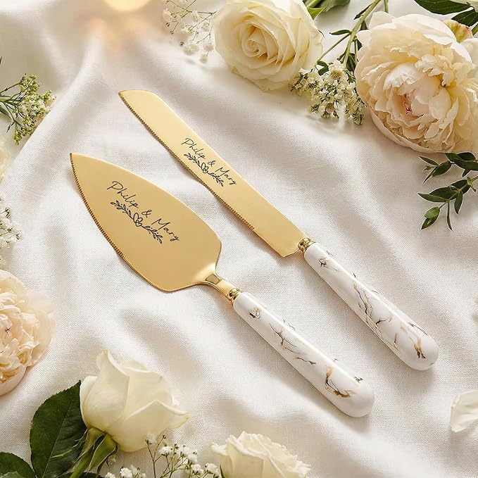 Personalized Gold Wedding Cake Knife and Server Set - Engraved Stainless Steel Cake Pie Pastry Servers Cutting Cutter Set with Marble Pattern, Elegant Gift for Wedding Anniversary Birthday Christmas