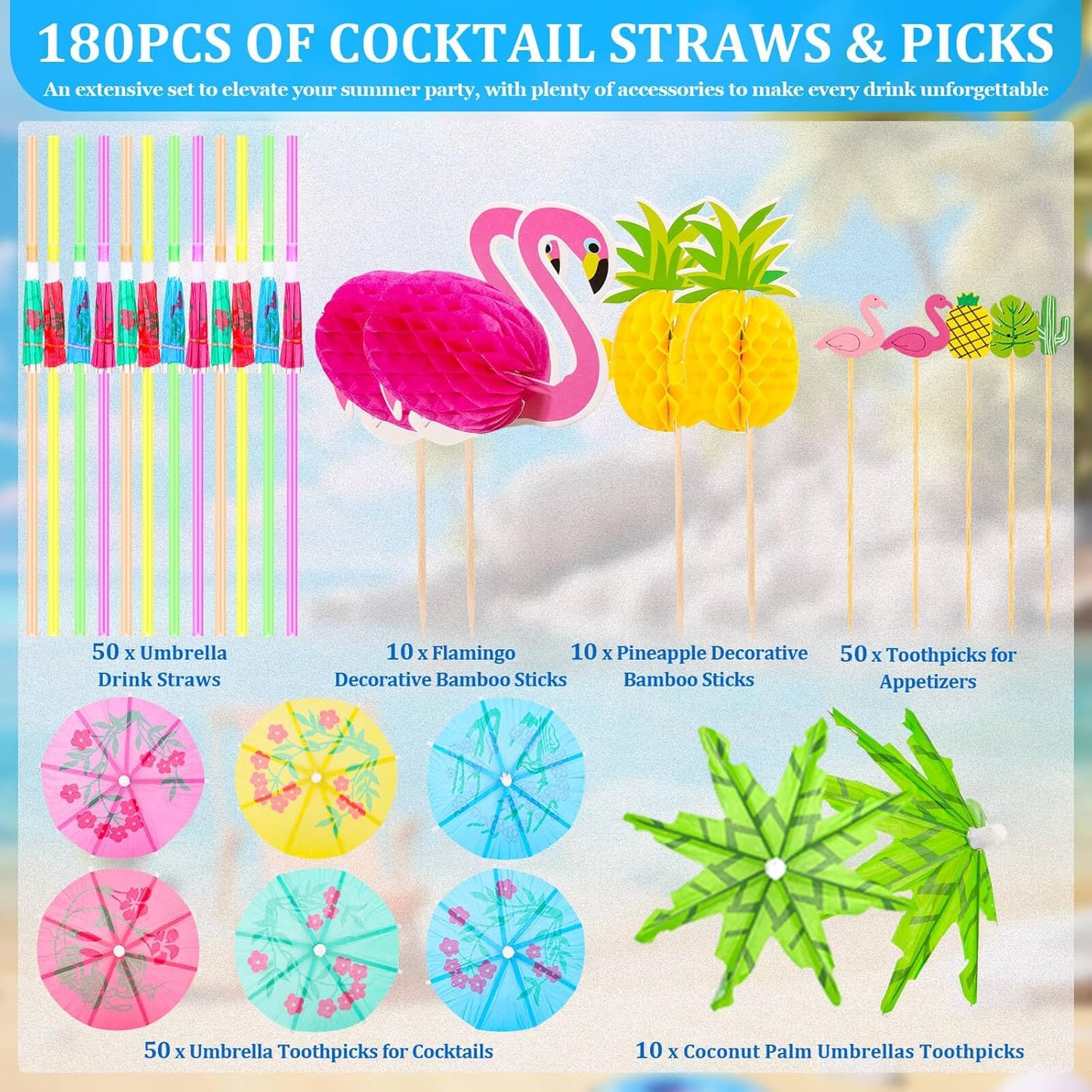 Paxcoo Drink Umbrellas, 180PCS Cocktail Drink Accessories Includes Umbrella Straws, Umbrella Toothpicks, Decoration Picks for Aloha Tropical Hawaiian Luau Party Decorations