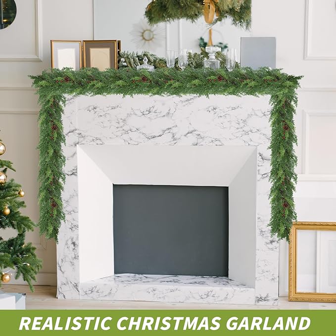 2 Pack 6FT Real Touch Christmas Garland with Pine Cone Artificial Realistic Faux Green Cedar Pine Garland,Thick and Lush, Lifelike Cedar Garland for Fireplace Indoor Outdoor Holiday Party Decoration