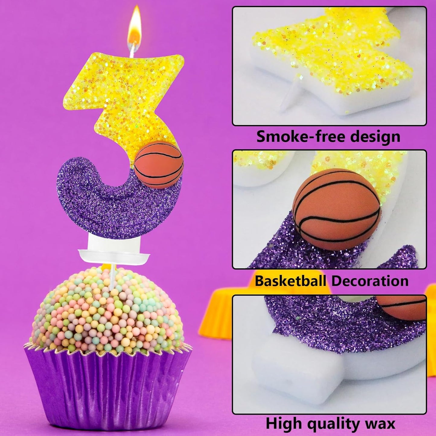 HXOUSE Basketball Number 3 Birthday Candles - Purple Gold Birthday Candles for Cake, 3 Candle for Basketball Theme Cake Topper, Boys Sport Party Decorations Gifts (No.3)