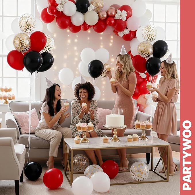 PartyWoo Red and Black Balloons 65pcs 12 Inch Matte Black Red White Confetti Balloons for Graduation Men Birthday Wedding Anniversary Bachelorette Racing Car Casino Retirement Party Decorations