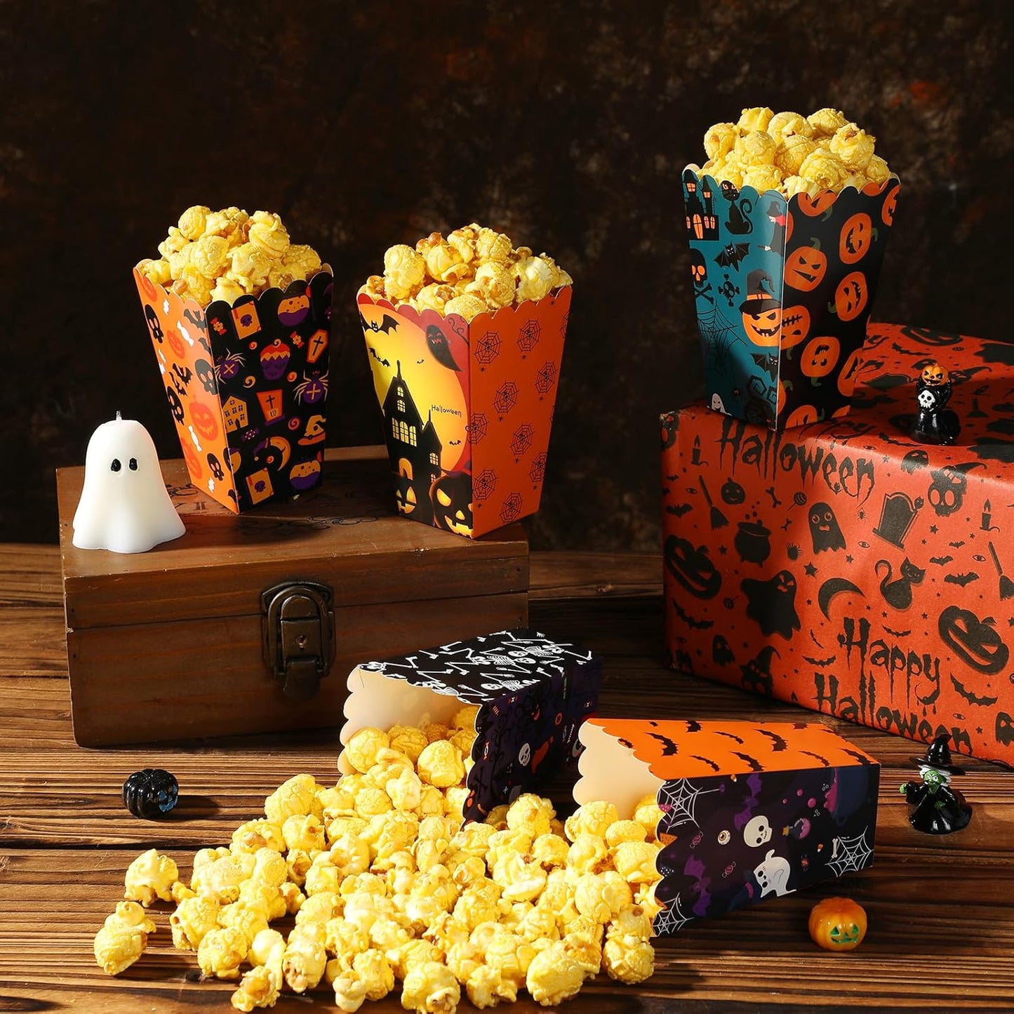50 Packs Halloween Popcorn Boxes - Small Pop Corn Bags for Halloween Elements, Candies Snack Containers for Party Decoration, Cardboard Popcorn Holders for Carnival Night