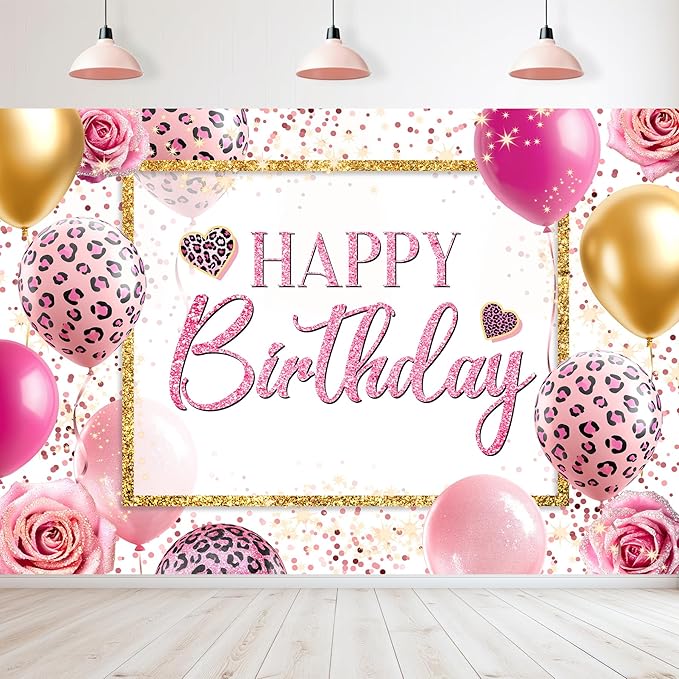 Homewelle Happy Birthday Backdrop 7Wx5H Feet Polyester Fabric Pink Leopard Balloon Heart Elegant Flower Rose Plant Botanical Decoration Gold Glitter Girly Photography Background Photo Shoot Props