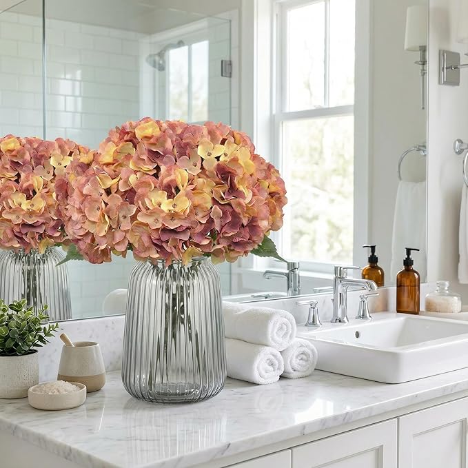 2Bouquets Artificial Fake Flowers Plants Silk Hydrangea Arrangements Wedding Bouquets Decorations Plastic Floral Home Kitchen Garden Party Festival Bar DIY(Champagne-Dusty Pink)