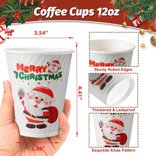 90 Pack Christmas Coffee Cups 12 oz No Lids, Disposable Insulated Paper Coffee Cups, Corrugated Ripple Wall Design Paper Cup, Hot Cold Drinking Cup for Party, Home, Events