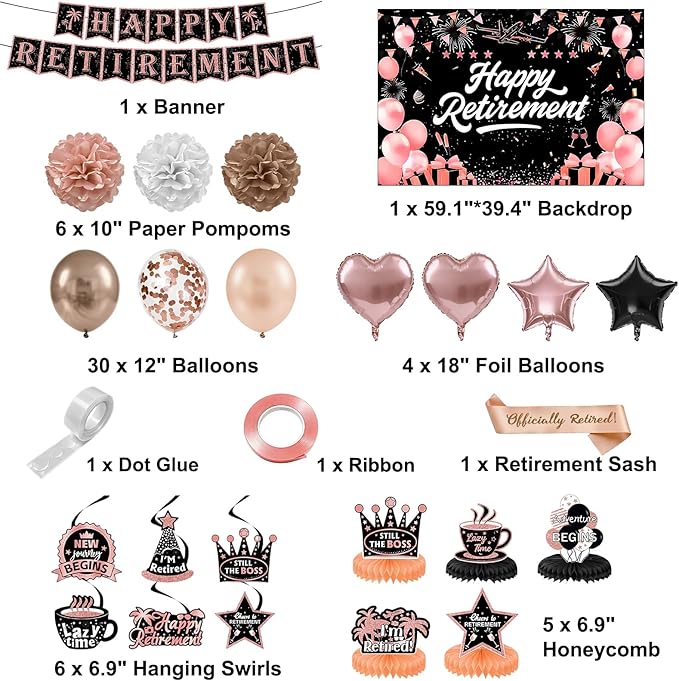 Retirement Party Decorations, Rose Gold Happy Retirement Decorations for Women Happy Banner & Backdrop Hanging Swirls Foil Balloon Retire Sash Paper PomPoms and Honeycomb Centerpieces