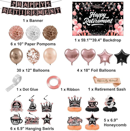 Retirement Party Decorations, Rose Gold Happy Retirement Decorations for Women Happy Banner & Backdrop Hanging Swirls Foil Balloon Retire Sash Paper PomPoms and Honeycomb Centerpieces