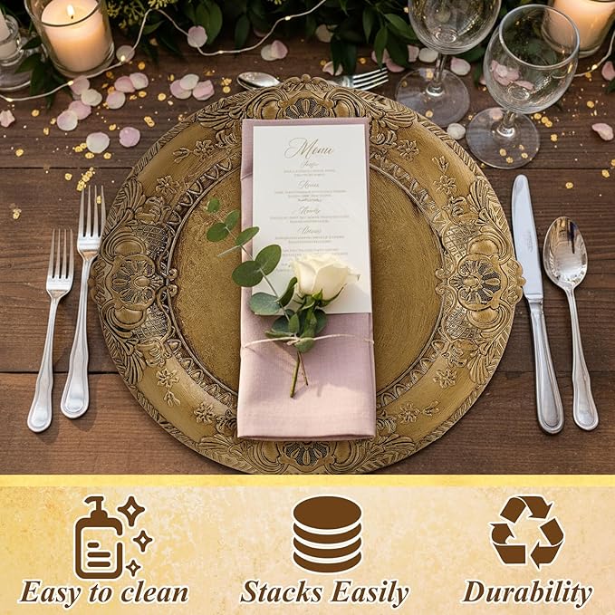 Mifoci Antique Gold Charger Plates Set of 24 Plastic Gold Chargers for Dinner Plates Decorative 13" Round Plate Bulk with Embossed Rim for Dinner, Party, Wedding