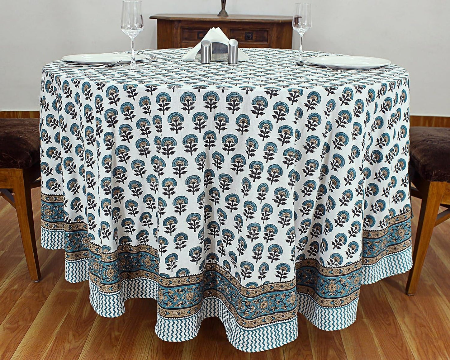 72 Inches Round Hand Block Printed Cotton Tablecloth, Blue Yellow Floral Table Cloths Washable, Indian Table Linen for Dinning Home Decor Autumn Outdoor Thanksgiving