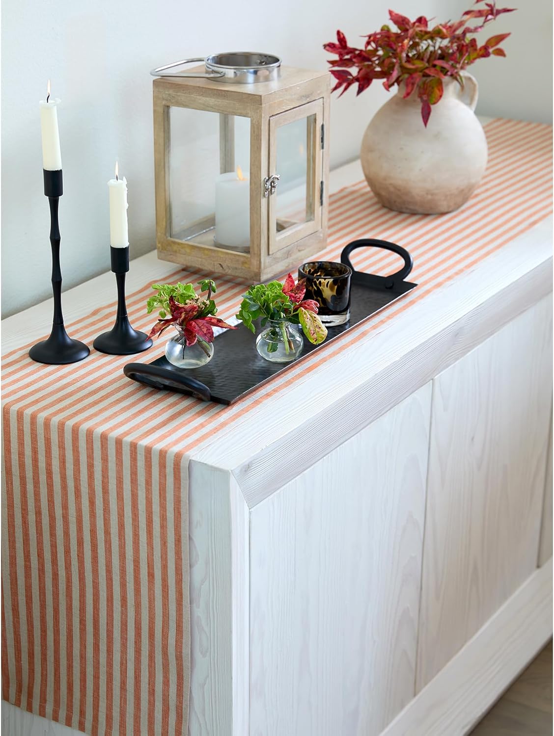 Solino Home Table Runner 60 Inches - Amalfi Stripe 100% Pure Linen Pumpkin and Natural Table Runner 14 x 60 Inch Ideal for Dresser and Coffee Tables - Fall, Autumn, Halloween, Thanksgiving