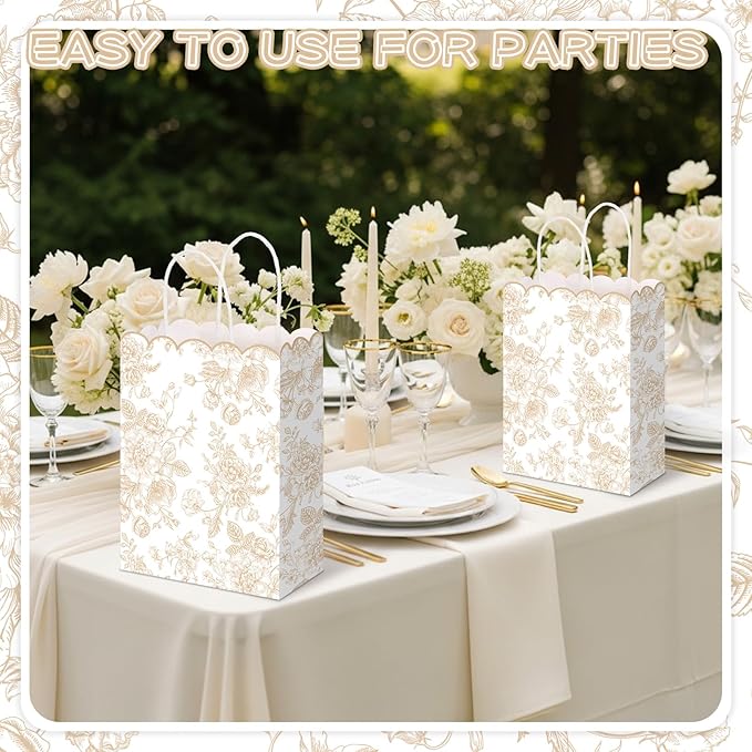 Kolldenn 24 Pcs Beige Floral Party Favor Bags with Handles Scalloped Wildflower Goodie Candy Gift Treat Bags for Birthday Decoration for Bridal Baby Shower Party Supplies