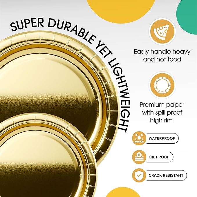 Exquisite Gold Paper Plates Disposable Heavy Duty 100 Pcs - 50-7" & 50-9" Gold Disposable Plates For Party Heavy Duty Paper Plate 350 GSM Birthday Party Supplies Plate Set