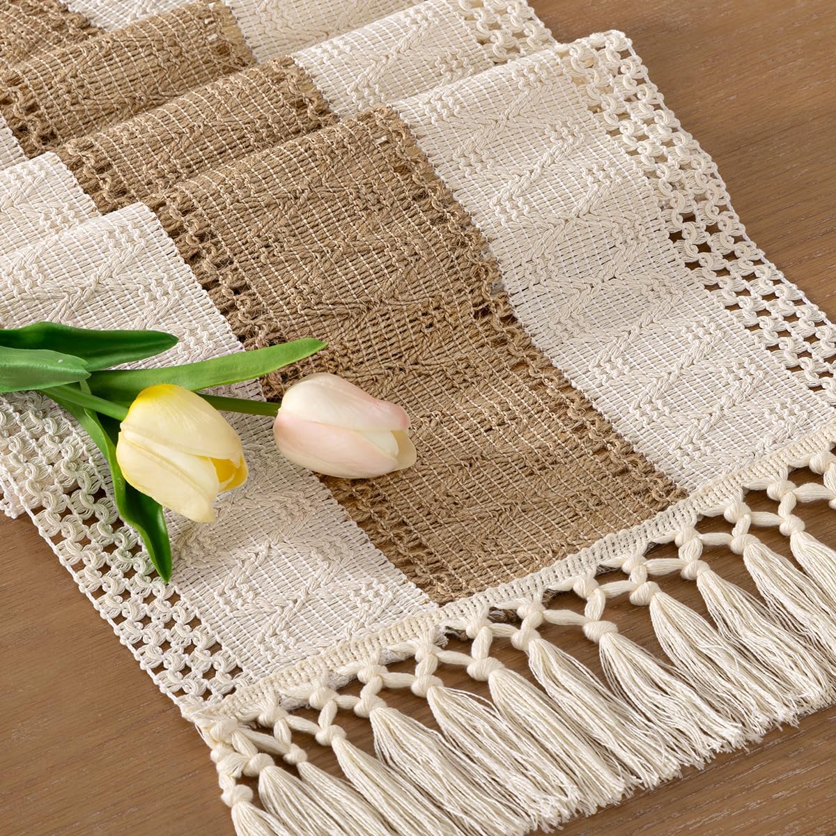Socomi Boho Table Runner Fall Thanksgiving Farmhouse Rustic Dining Kitchen Centerpiece Decor Small Macrame Woven Cotton Linen Coffee Table Runner for Dresser Scarf Home Decor 12x36 inch