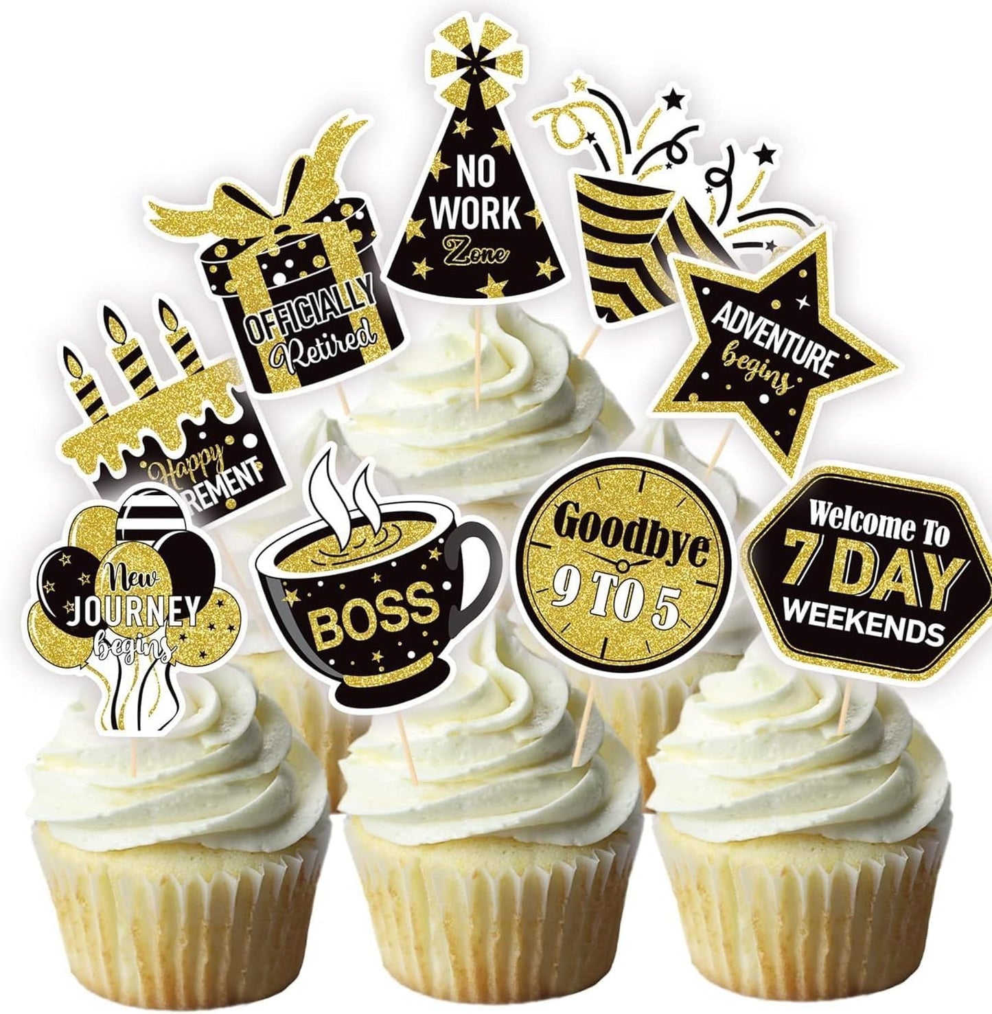 Happy Retirement Party Decorations for Men, Gold Banner, Star Coffee Pennant, Hanging Swirl, Latex Balloons, 70*43" Backdrops,108*54" Tablecloths, Cupcake Topper, Greeting Card, Retired Sash