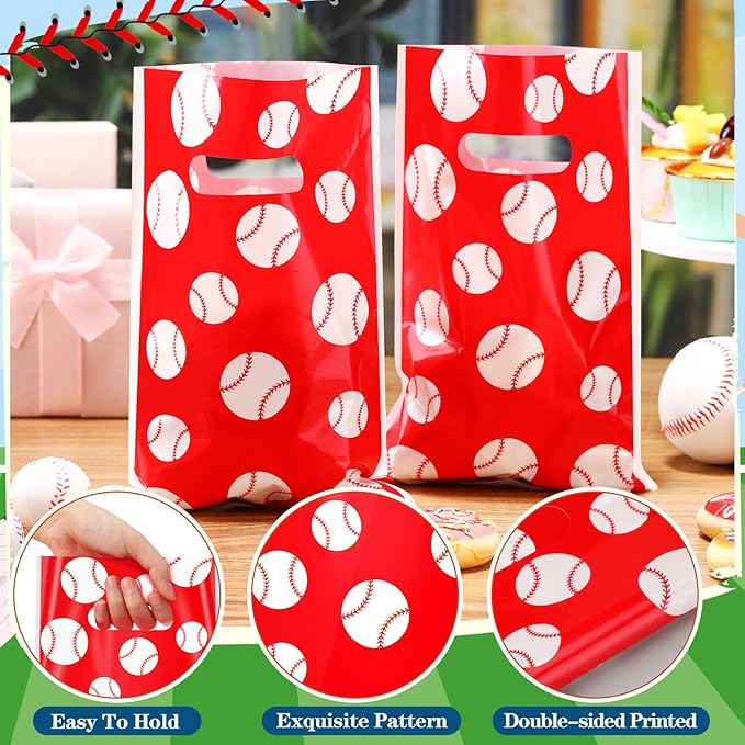 Frienda 100 Pcs Baseball Treat Bags with Handles, Red White Plastic Baseball Party Favors Bag Baseballs Snacks Bags for Candy Small Gifts, Team Events Birthday and Sports Celebrations Decorations