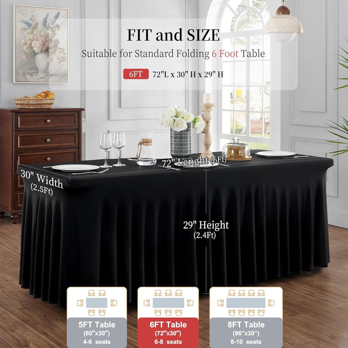 leegleri 8 Pack Black Spandex Table Cloths for 6 Foot Rectangle Tables, Wrinkle Free Stretch Fitted Tablecloths 6ft, Black Banquet Tablecloth with Skirt for Parties Weddings Birthday