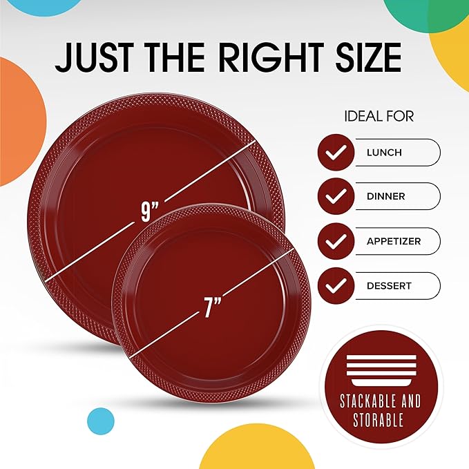 Party Solids Burgundy Plastic Plates For Party Supplies, Burgundy Disposable Plates 100 Pieces - 50-7" & 50-9" Heavy Duty 350 GSM Disposable Dinnerware Sets, Plastic Dinnerware Sets