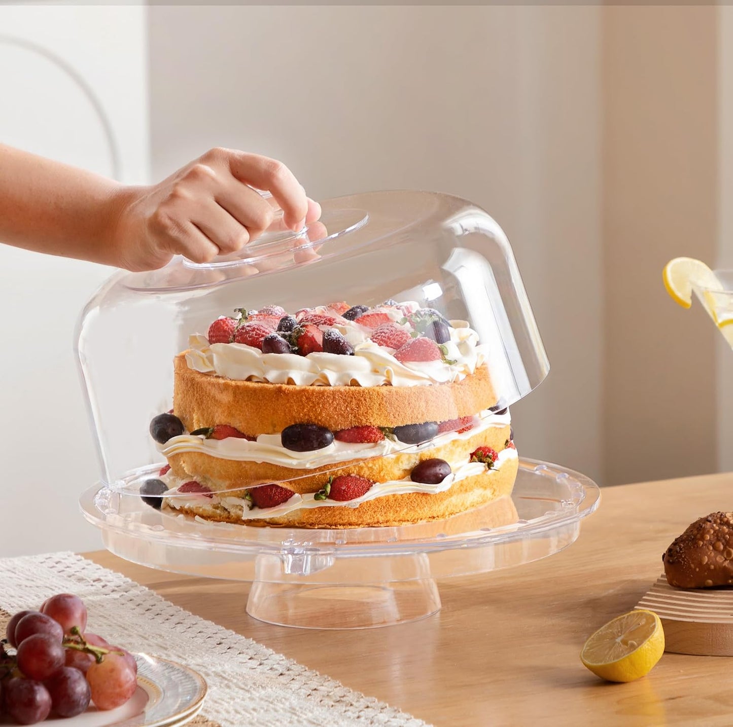 HBlife Cake Stand with Acrylic Dome Cover (12.2"), Multifunctional Serving Cookie Platter Punch Bowl and Cake Plate for Dessert Table Display for Parties (6 Uses)
