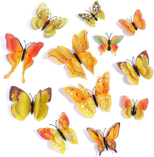 SAOROPEB 3D Butterfly Wall Decor, 72 Pcs Double Layer Butterfly Decorations for Party Decorations Locker Decor Refrigerator Decal, Reusable (Yellow)