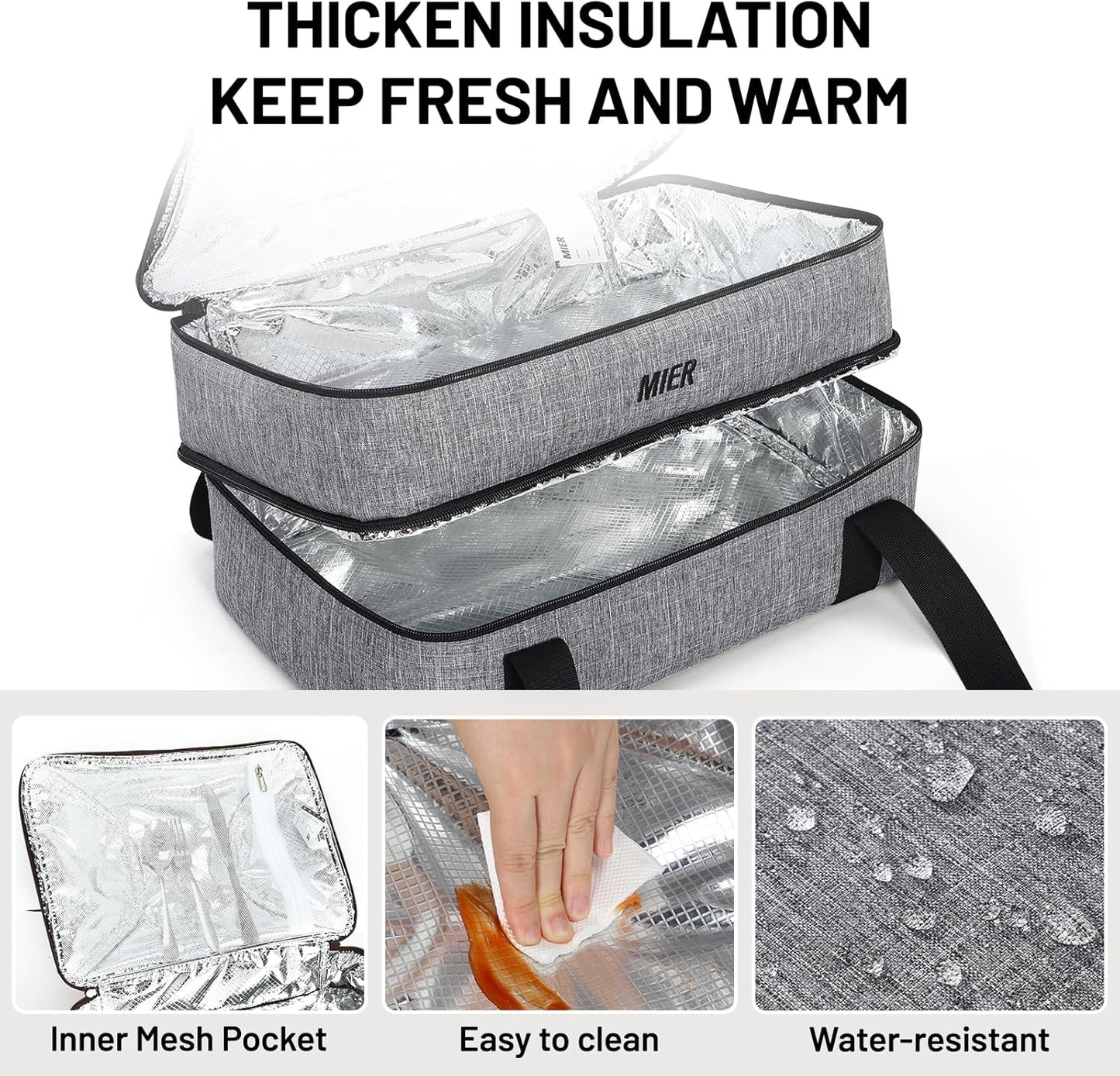 MIER Insulated Casserole Carrier Fits 9"x13" Baking Dishes/Foil Pans, Double Food Carriers Bag Thermal Holder for Hot or Cold Food Lasagna Lugger Potluck Parties Picnic Travel, Gray