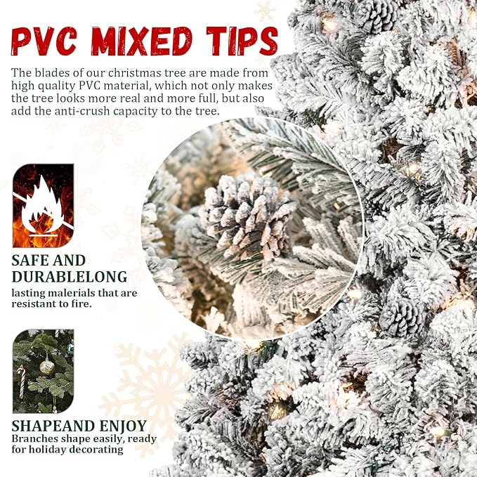 8FT Prelit Flocked Christmas Tree with 700 Lights & 1754 Branch Tips, Pre Lit Hinged Xmas Tree with Memory Wire Technology, Premium Artificial Christmas Tree with Pine Cone for Holiday Decoration