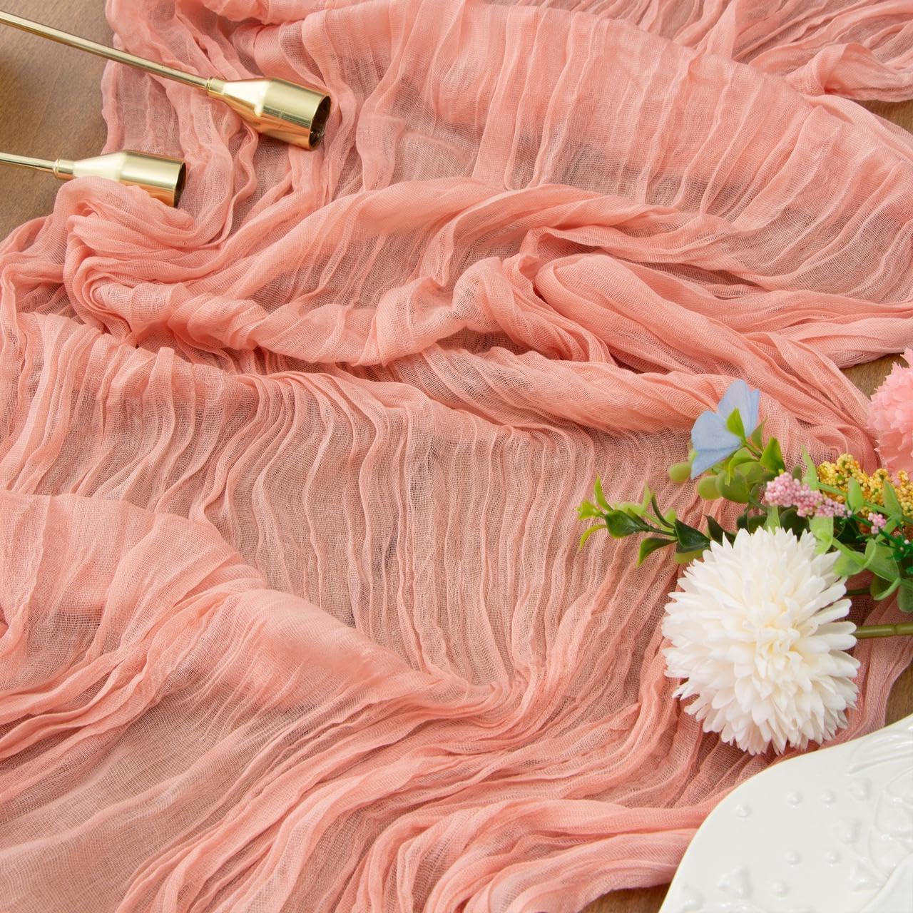 FEXIA Pink Cheesecloth Table Runner Spring Easter Table Runner 35x120 Inches for Mother's Day Bridal Shower Tea Party Spring Baby Shower Decor Table Centerpiece Decorations