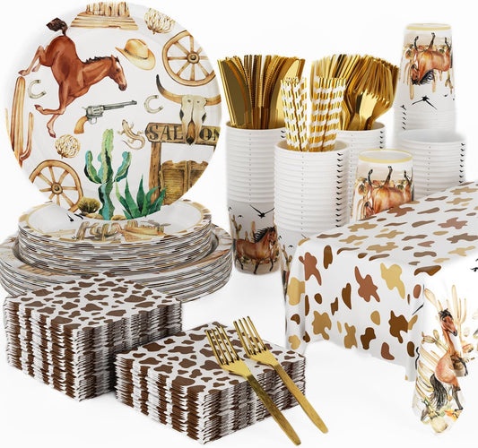 141pcs Cowboy Party Decorations,Cowboy Party Disposable Tableware Includes Dinner Plate Dessert Plate Paper Napkin Cup Knife Fork Straws Tablecloth Western Cowboy Baby Shower Supplies set