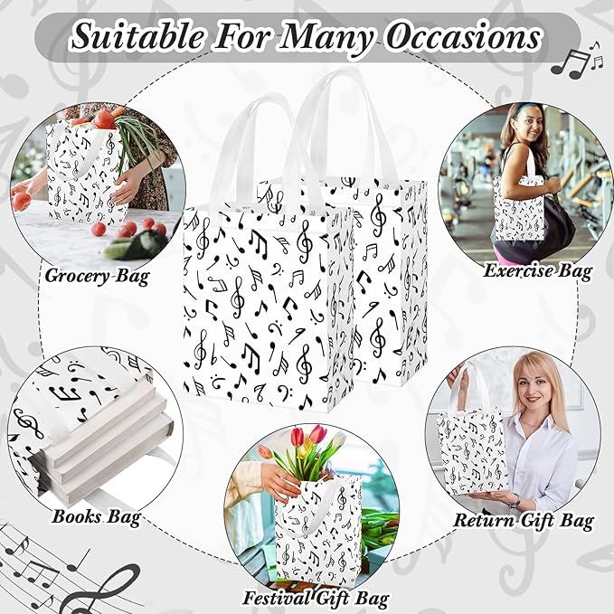 Supervitae 24 Pack Music Theme Gift Bags Medium Black Music Notes Party Favor Bags Musical Reusable Totes Non Woven Goodie Totes for Wedding Birthday Baby Shower Family Travel(9.8" x 7.9" x 3.9")