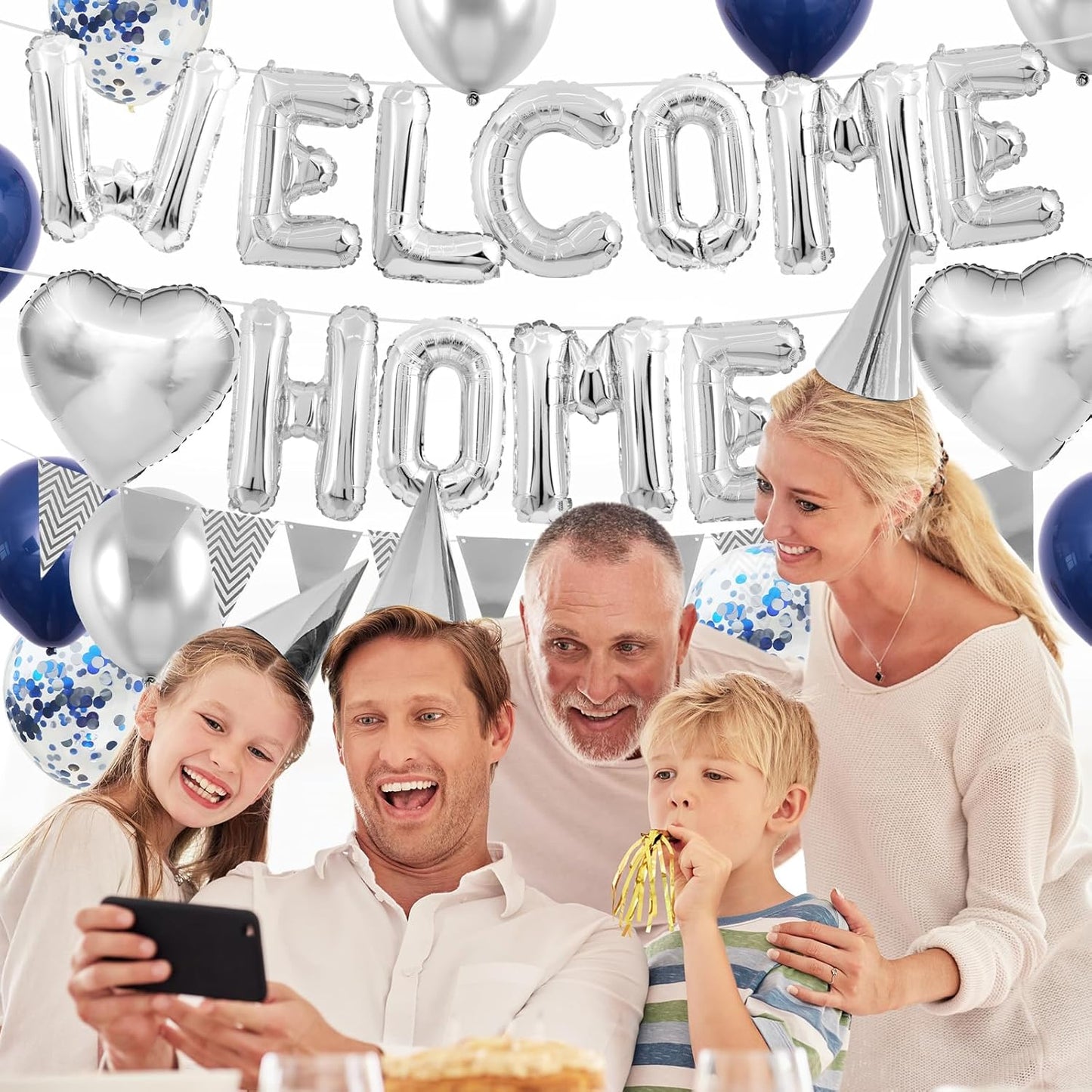 Welcome Home Decorations Navy Blue Silver,Welcome Home Foil Balloon Banner with Confetti Balloons,Silver Heart Balloons Pennant Flag Bunting for Housewarming Baby Shower Home Family Party Supplies
