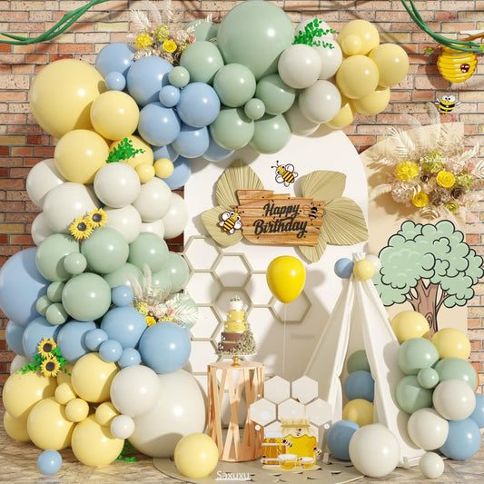 Pastel Green Blue Yellow Balloon Arch Kit, Green Blue Yellow Balloons garland Arch Kit, Ivory White Balloons For Bear Theme Birthday Baby Shower Honey Party Wedding Anniversary Engagement Decorations