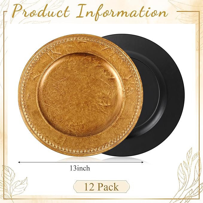 12 Pcs 13" Vintage Bronze Charger Plates Round Beaded Copper Brown Chargers Bulk Wedding Reusable Serving Plate Elegant Table Plates for Catering Family Party Restaurant Home Dinner Supplies