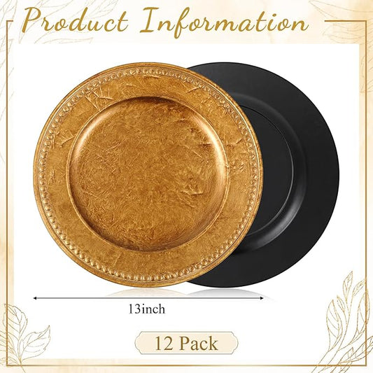 12 Pcs 13" Vintage Bronze Charger Plates Round Beaded Copper Brown Chargers Bulk Wedding Reusable Serving Plate Elegant Table Plates for Catering Family Party Restaurant Home Dinner Supplies