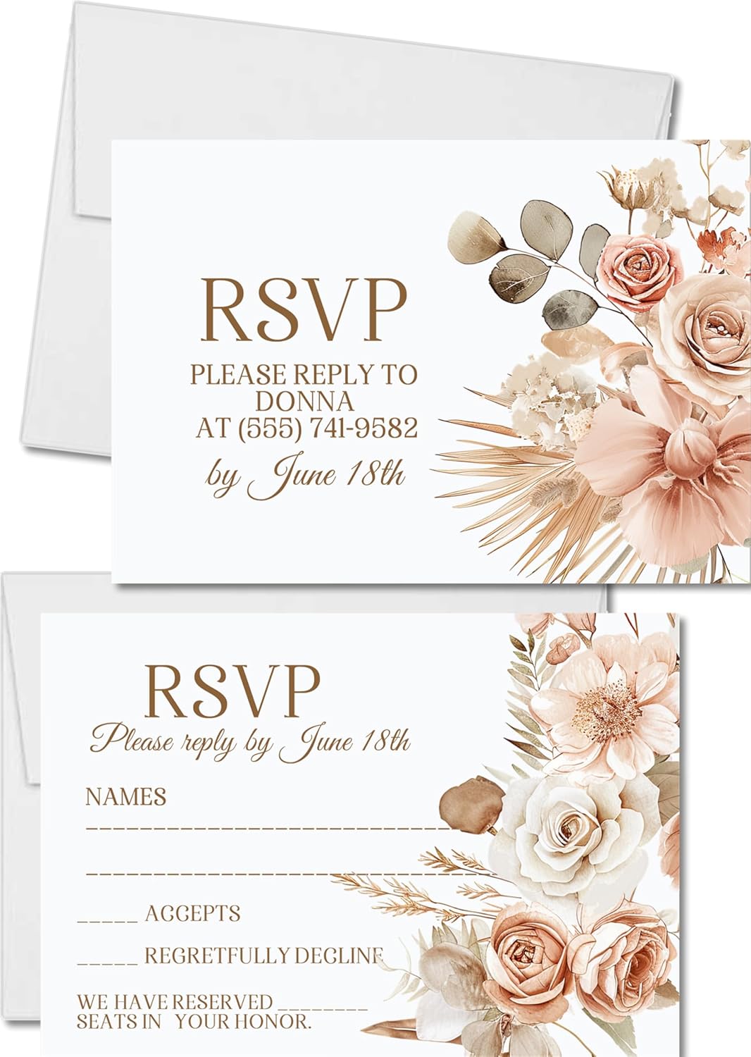 Neutral Blush Rose & Pampas Grass Wedding Invitations, Boho Design, Personalized, Set of 12 Invitations with Envelopes