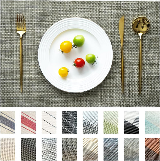 Placemats Set of 12 Vinyl/Plastic Woven Place Mats for Kitchen Table Indoor/Outdoor Washable Placemat Wipeable Dining Table Mats (Brown,12)