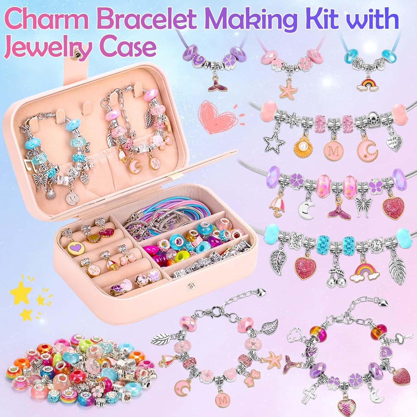 Billbotk Bracelet Making Kit with Jewelry Box Charm Beads for Jewelry Making Kit DIY Bracelet Craft Kit Cute Birthday Valentine Gifts Christmas